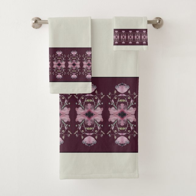 Very Elegant Artsy Plum Purple With Light Grey Bath Towel Set (Insitu)
