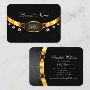 Very Elegant Black and Gold with Monogram Diamonds Business Card