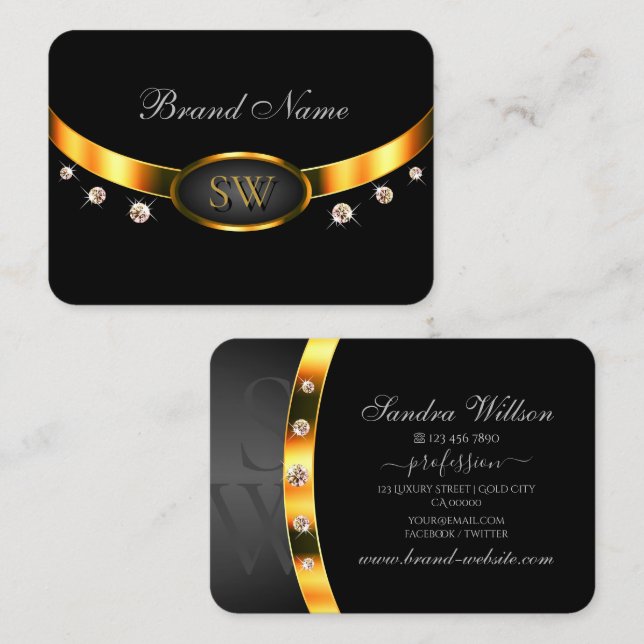 Very Elegant Black and Gold with Monogram Diamonds Business Card (Front/Back)