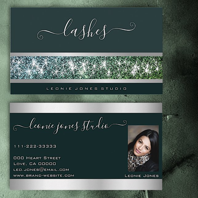 Very Elegant Dark Green Silver Glitter Photo Logo Business Card (Creator Uploaded)