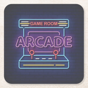Very Fun Classic Arcade Game Room w/Joystick Neon Square Paper Coaster