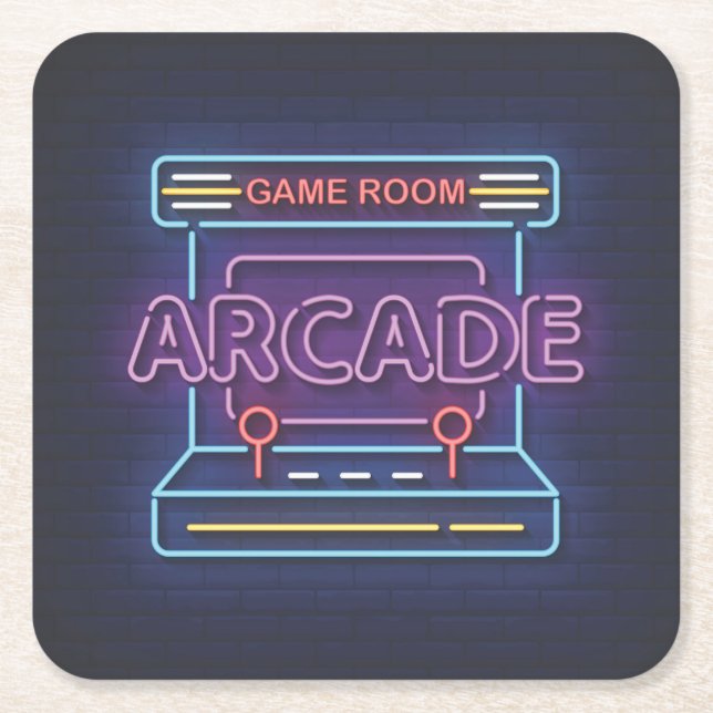 Very Fun Classic Arcade Game Room w/Joystick Neon Square Paper Coaster (Front)
