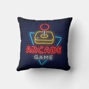 Very Fun Classic Arcade Game Room w/Joystick Neon Throw Pillow
