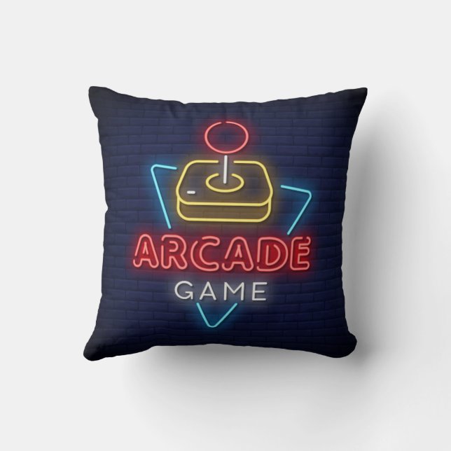 Very Fun Classic Arcade Game Room w/Joystick Neon Throw Pillow (Back)