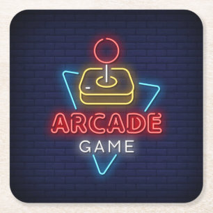 Very Fun Classic Arcade Game w/Joystick Neon Square Paper Coaster