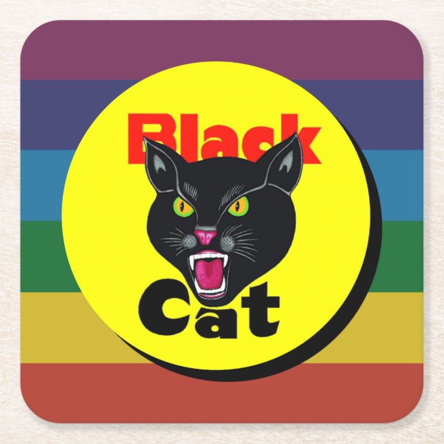 Very Fun & Colourful Black Cat Square Paper Coaster (Front)