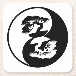 Very Fun Yin and Yang Bonsai Tree Square Paper Coaster