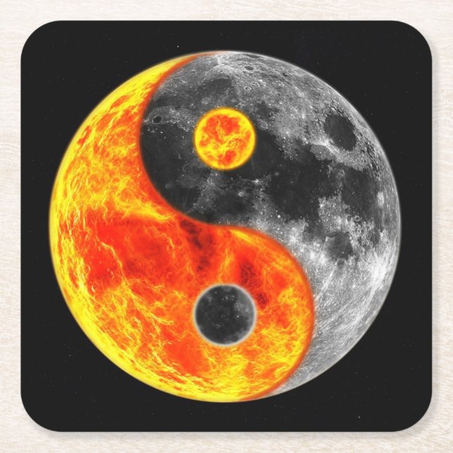 Very Fun Yin and Yang Sun and Moon Square Paper Coaster (Front)