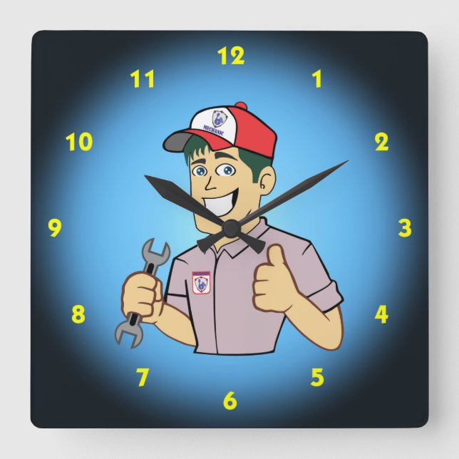 Very Fun Young Mechanic Square Wall Clock (Front)
