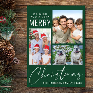 Very Merry 3 Photo Green Christmas Holiday Card