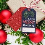Very Merry Christmas Berry Branch Holiday Gift Tags<br><div class="desc">Custom printed holiday gift tags with a simple border of green pine branches and red berries on a navy blue background. Mixed typography says "A Very Merry Christmas" with space to write in who your gift is To and From below. Reverse side features a coordinating red and white polka dot...</div>
