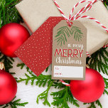 Very Merry Christmas Berry Branch Holiday Gift Tags<br><div class="desc">Custom printed holiday gift tags with a simple border of green pine branches and red berries on a faux kraft background. Mixed typography says "A Very Merry Christmas" with space to write in who your gift is To and From below. Reverse side features a coordinating red and white polka dot...</div>
