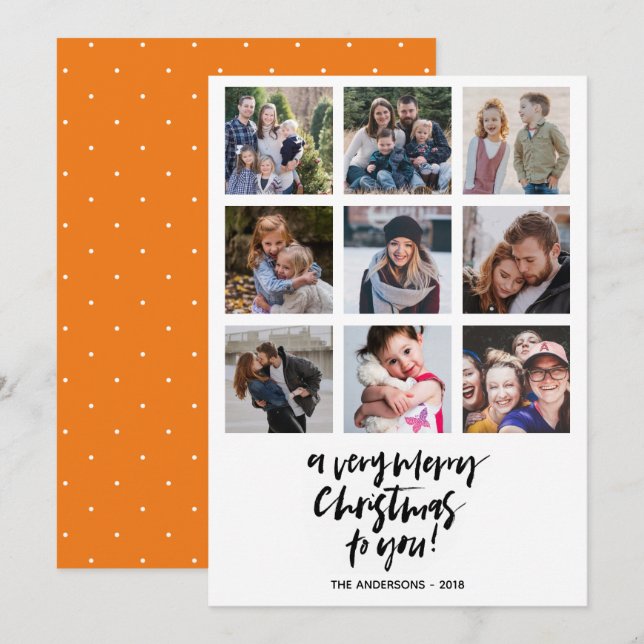 Very Merry Christmas | Orange | 9 photos collage Invitation (Front/Back)