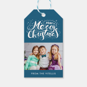 Very Merry Christmas Photo Gift Tags   Blue