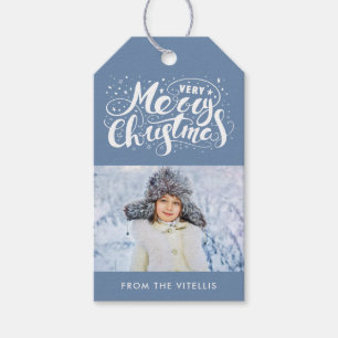 Very Merry Christmas Photo Gift Tags   Slate Blue