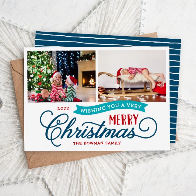 Very Merry Christmas Script 2 Photo Holiday Card (Creator Uploaded)