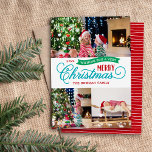 Very Merry Christmas Script 3 Photo Holiday Card<br><div class="desc">Affordable custom printed Christmas photo cards with a simple DIY template for customization. This fun design features whimsical typography in turquoise, green and red colours. The message read "Wishing You a Very Merry Christmas". The template has space for 3 family photos. Use the design tools to edit the fonts and...</div>