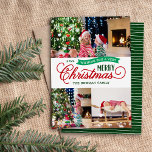 Very Merry Christmas Script 3 Photo Holiday Card<br><div class="desc">Affordable custom printed Christmas photo cards with a simple DIY template for customization. This fun design features whimsical typography in green and red colours. The message read "Wishing You a Very Merry Christmas". The template has space for 3 family photos. Use the design tools to edit the fonts and colours....</div>