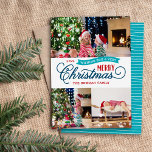 Very Merry Christmas Script 3 Photo Holiday Card<br><div class="desc">Affordable custom printed Christmas photo cards with a simple DIY template for customization. This fun design features whimsical typography in turquoise, navy blue and red colours. The message read "Wishing You a Very Merry Christmas". The template has space for 3 family photos. Use the design tools to edit the fonts...</div>