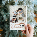 Very Merry Christmas Script 3 Photo Holiday Card<br><div class="desc">Affordable custom printed Christmas photo cards with a simple DIY template for customization. This fun design features whimsical typography in black and faux rose gold foil. The message read "Wishing You a Very Merry Christmas". The template has space for 3 family photos. Use the design tools to edit the fonts...</div>