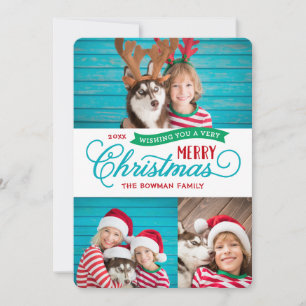 Very Merry Christmas Script 3 Photo Holiday Card
