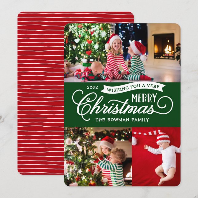 Very Merry Christmas Script 3 Photo Holiday Card (Front/Back)