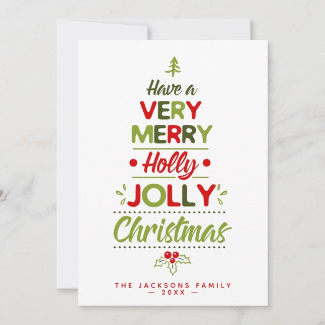 Very Merry Holly Jolly Christmas Tree Custom Name  Holiday Card (Front)