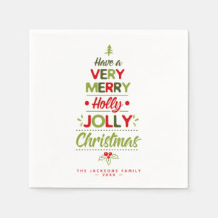 Very Merry Holly Jolly Christmas Tree Custom Name  Napkin