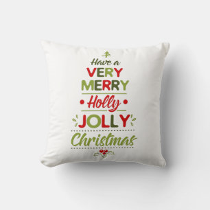 Very Merry Holly Jolly Christmas Tree Typography  Throw Pillow