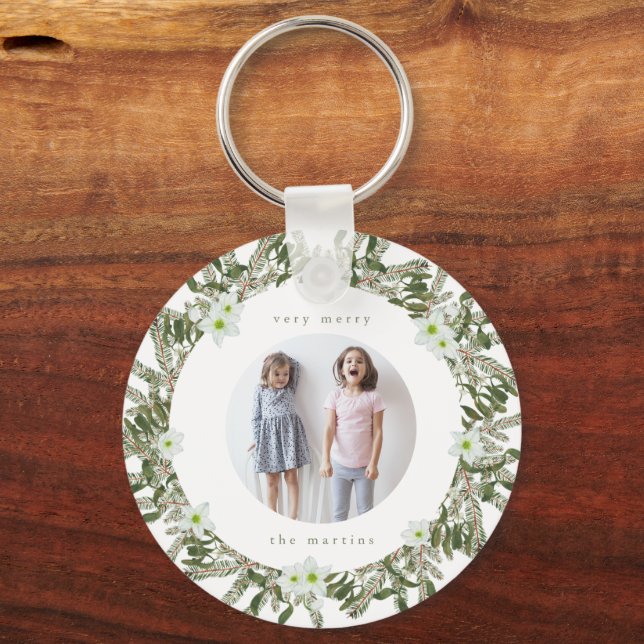 Very Merry Pine and Floral Winter Wreath Christmas Keychain (Front)