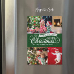 Very Merry Script Magnetic Holiday Photo Card<br><div class="desc">Custom printed magnetic holiday photo cards with a simple DIY template for customization. This colourful design features whimsical typography in green and white colours. The message read "Wishing You a Very Merry Christmas". The template has space for 3 family photos. Use the design tools to edit the fonts and colours....</div>