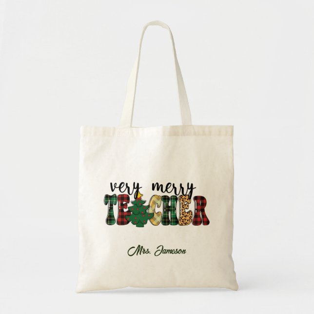 Very Merry Teacher Name Christmas Gift Tote Bag (Front)