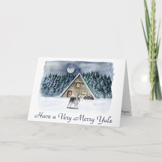 Very Merry Yule Winter Solstice Farm Wolf Holiday Card (Front)