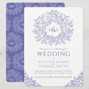 Very peri blue drawn leaf monogram art wedding invitation