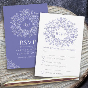 Very Peri hand drawn leaf monogram RSVP wedding Card