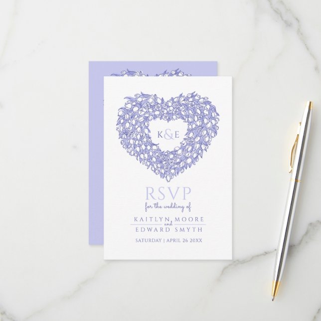 Very Peri monogram tulip flower heart RSVP wedding Card (Front/Back In Situ)