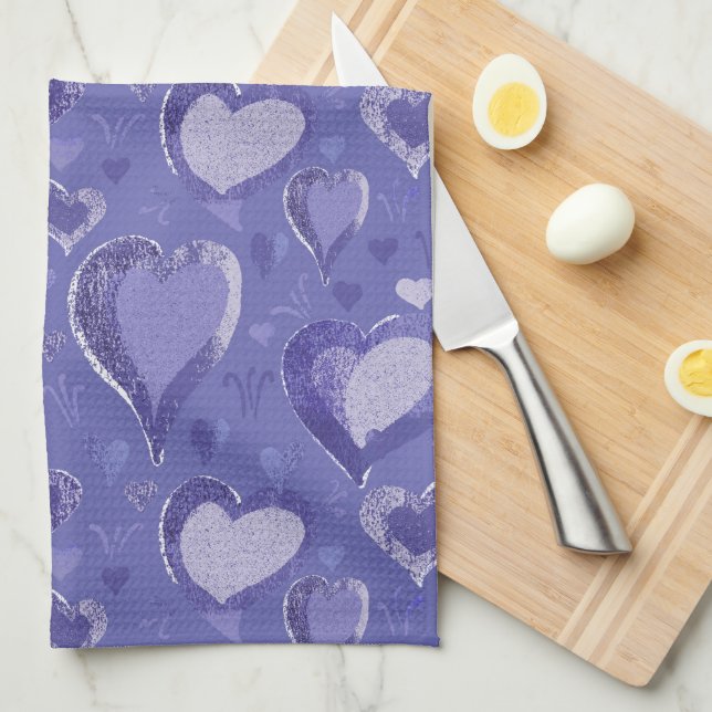 Very Peri Purple Hearts Pattern Drawing Kitchen Towel (Quarter Fold)