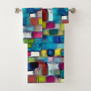 Very rough texture of colourful square shapes thro bath towel set