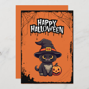 Very Scary Black Cat With Pumpkin Jack O Lantern  Holiday Card
