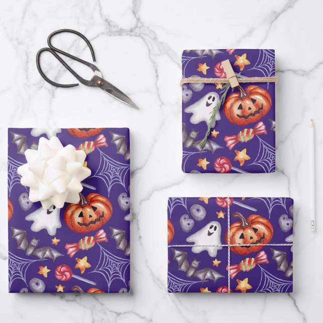 Very Spooky Halloween Collage Purple  Wrapping Paper Sheet (Front)