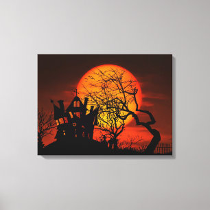 Very Spooky Halloween Scene with Giant Moon Canvas Print