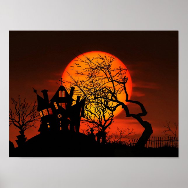 Very Spooky Halloween Scene with Giant Moon Poster (Front)