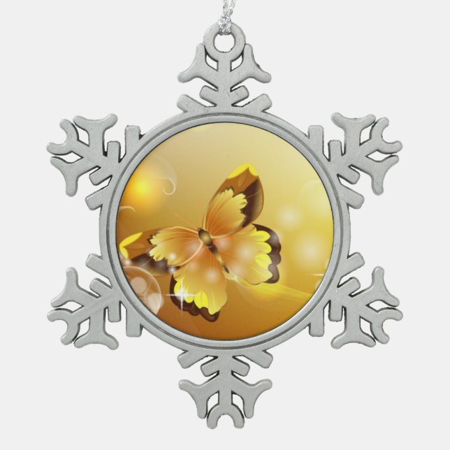 Very Yellow, Butterfly and Bubbles Snowflake Pewter Christmas Ornament (Front)