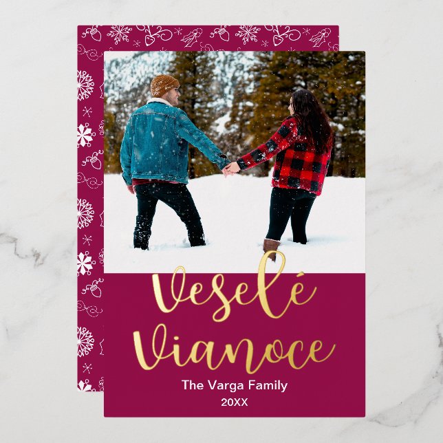 Veselé Vianoce, Slovak Merry Christmas, Elegant Foil Holiday Card (Front/Back)