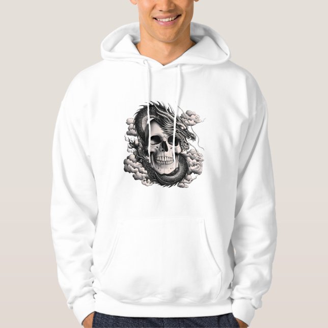 Veste À Capuche A skull with a Chinese dragon in black and white (Devant)