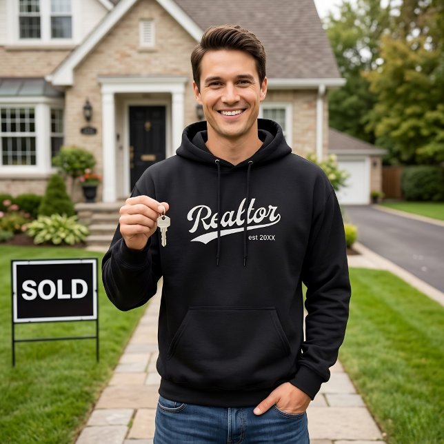 Veste À Capuche Agent immobilier EST Année Baseball Script Typogra (Unisex black realtor hoodie with white typography baseball script and customizable established year)
