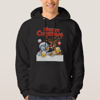 Veste À Capuche Caricature Snowman et Reindeer Profitant de la biè