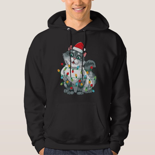 Veste À Capuche Chat De Noël Enveloppé Dans Des Lumières Colorées  (Devant)
