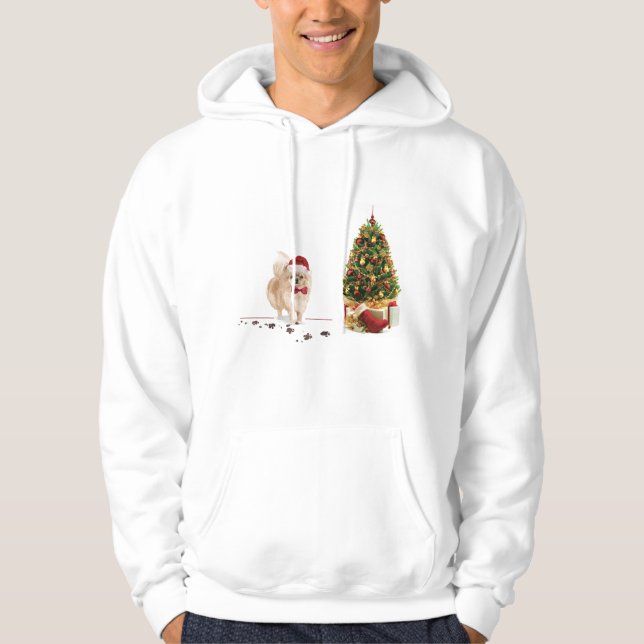 Veste À Capuche Chien de Noël poméranien drôle avec arbre (Devant)
