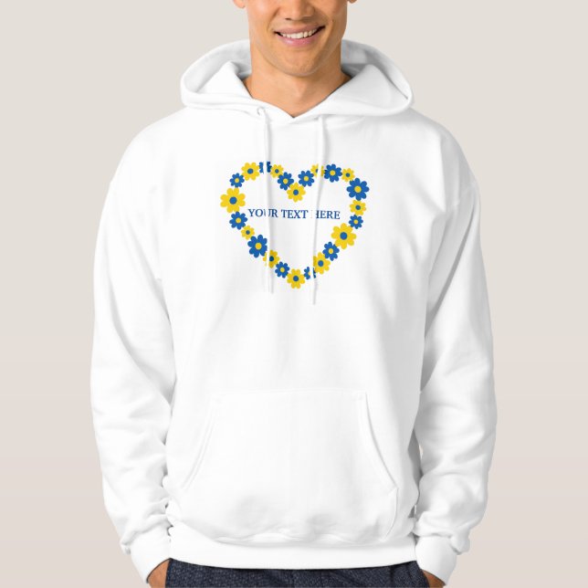 Veste À Capuche Coeur fait de fleurs bleues et jaunes. Texte perso (Devant)
